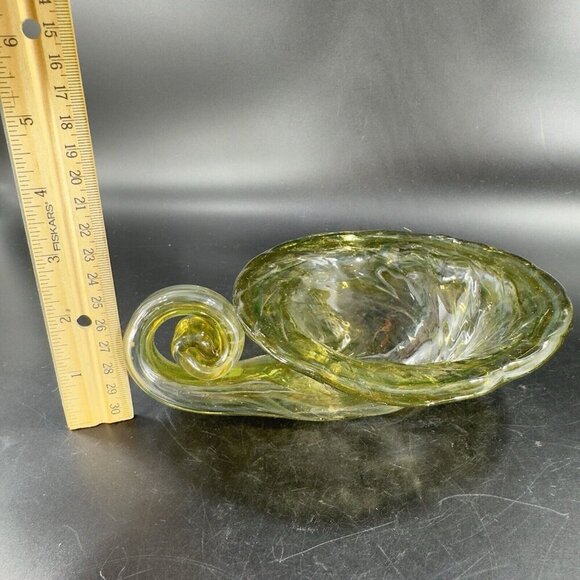 Vintage Sooner Glass Hand Made Green Swirls Dish Bowl Handmade Cornucopia Bowl - Picture 3 of 16